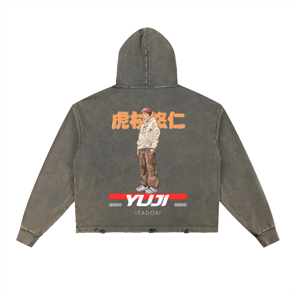 Yuji Jujitsu Kaisen Vintage Washed Frayed-Hem Hoodie