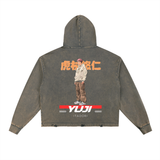 Yuji Jujitsu Kaisen Vintage Washed Frayed-Hem Hoodie