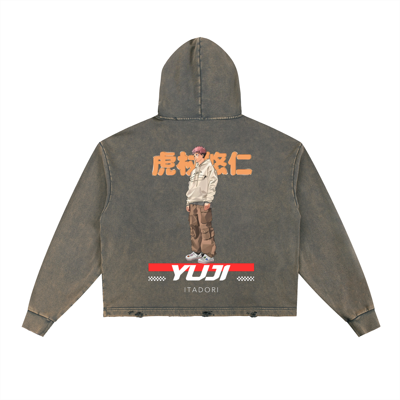 Yuji Jujitsu Kaisen Vintage Washed Frayed-Hem Hoodie