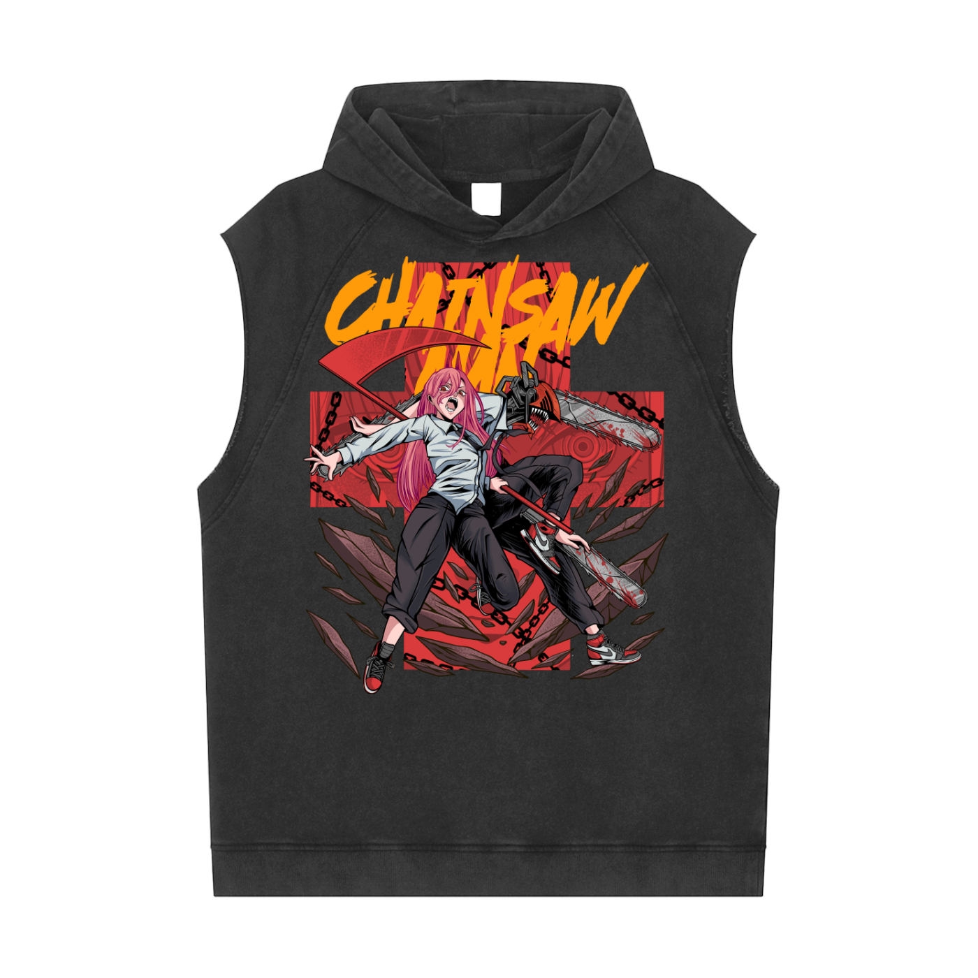 Denji and Power Chainsaw Man Snow Washed Sleeveless Hoodie