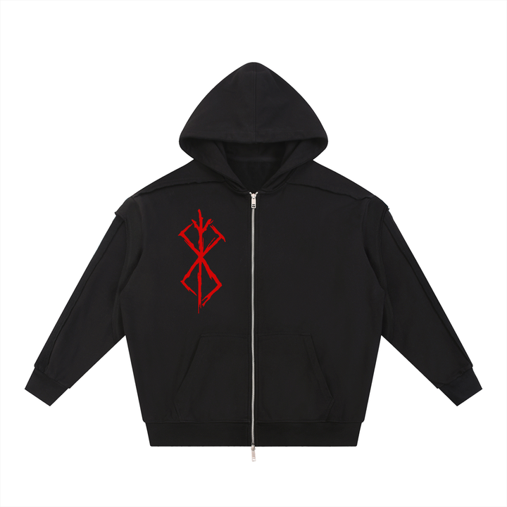 Berserk Contrast Tape Raw Edge Double Layered Zip Hoodie